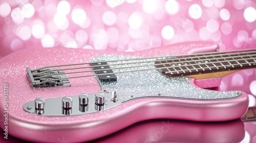 Pink glitter bass guitar on pink bokeh background; music, concert, performance