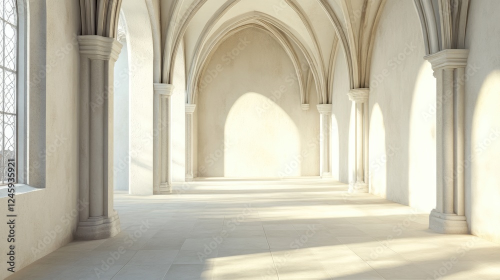 Gothic Medieval Church Cloisters Interior with Empty Text Space and Radiant Light Playing on Stone Walls and Arched Ceilings Gothic Medieval Church Cloisters Interior with Empty Text Space and Radiant Light Playing on Stone Walls and Arched Ceilings