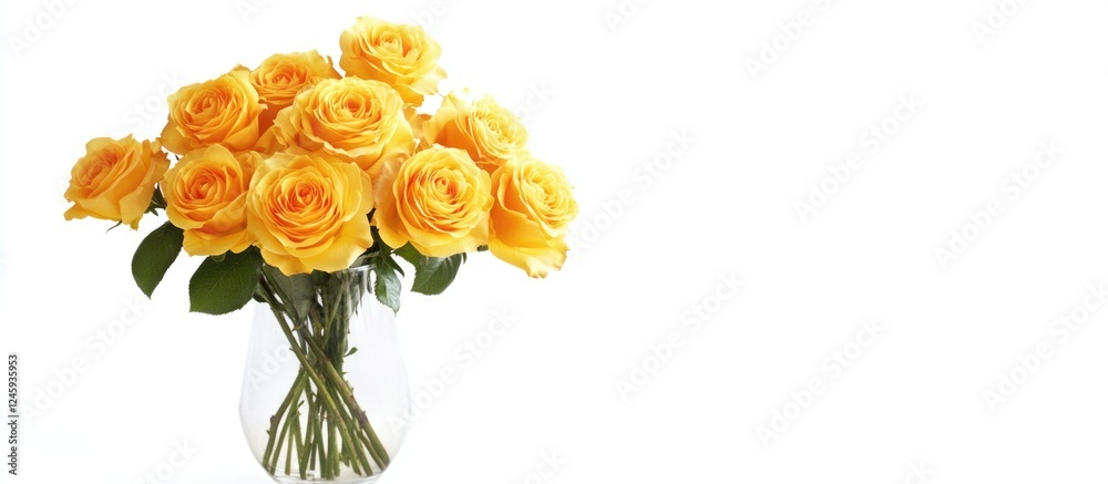 Obraz premium Vibrant yellow roses arrangement in a clear vase with white background perfect for floral design and decoration concepts.