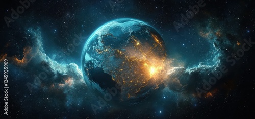Hyper-realistic view of Earth from space illuminated by ethereal light showcasing continents oceans and cosmic stars