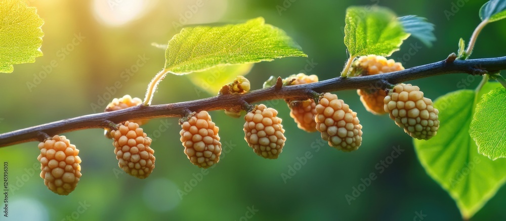 Bumps on a branch depicting fruits in a sunlit Latvian forest showcasing nature's textures and vibrant greenery Bumps on a branch depicting fruits in a sunlit Latvian forest showcasing nature's textures and vibrant greenery