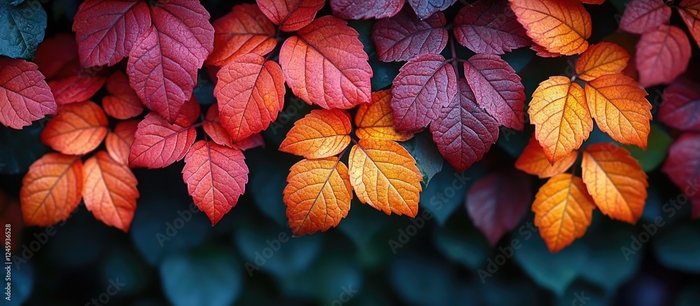 Close up of vibrant red and orange autumn vine leaves against a lush green background showcasing seasonal beauty in nature. Close up of vibrant red and orange autumn vine leaves against a lush green background showcasing seasonal beauty in nature.