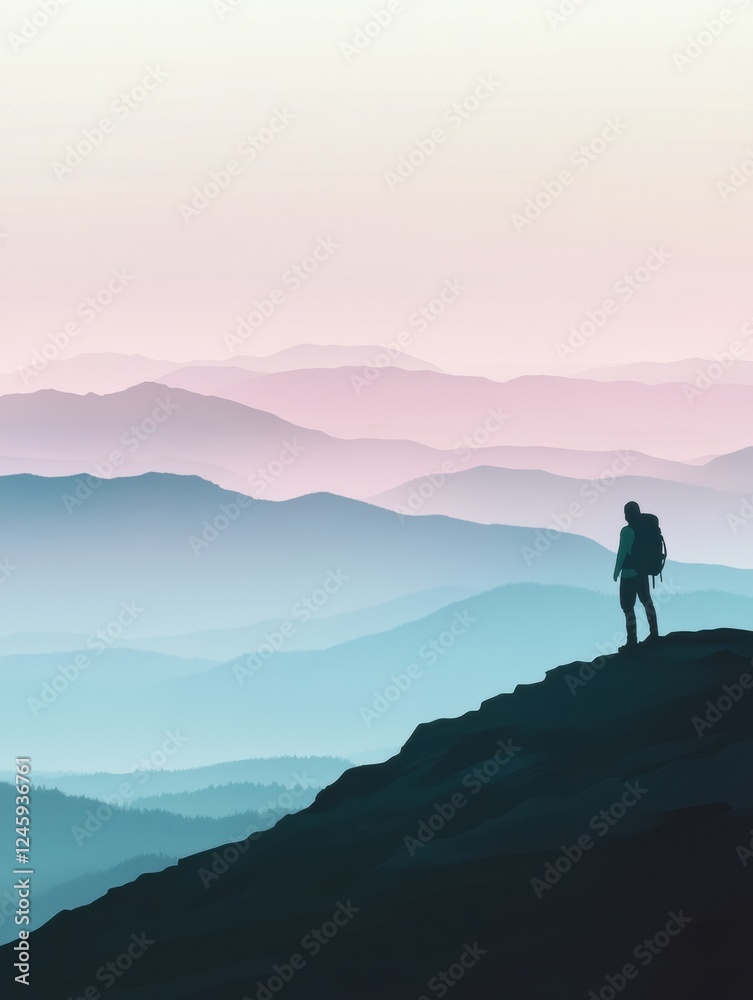 Hiker stands on mountain ridge overlooking vast landscape during dawn. Generative AI Hiker stands on mountain ridge overlooking vast landscape during dawn. Generative AI