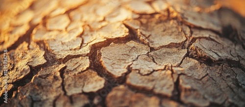 Detailed bark texture with natural cracks illuminated by warm sunlight highlighting the organic patterns and earthy tones. photo