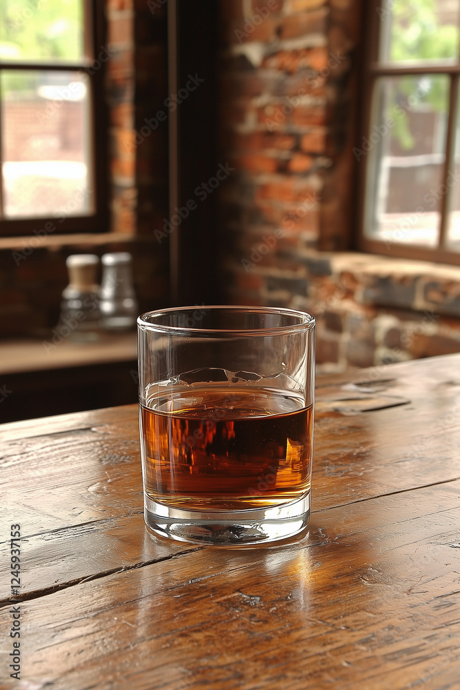 A glass with a dark brown liquid, sitting on a wooden table near a window with a rustic brick wall. A glass with a dark brown liquid, sitting on a wooden table near a window with a rustic brick wall.