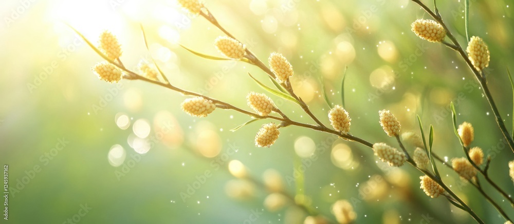 Fototapeta premium Golden willow catkins illuminated by sunlight swaying in the spring breeze showcasing the delicate beauty of early spring greenery.