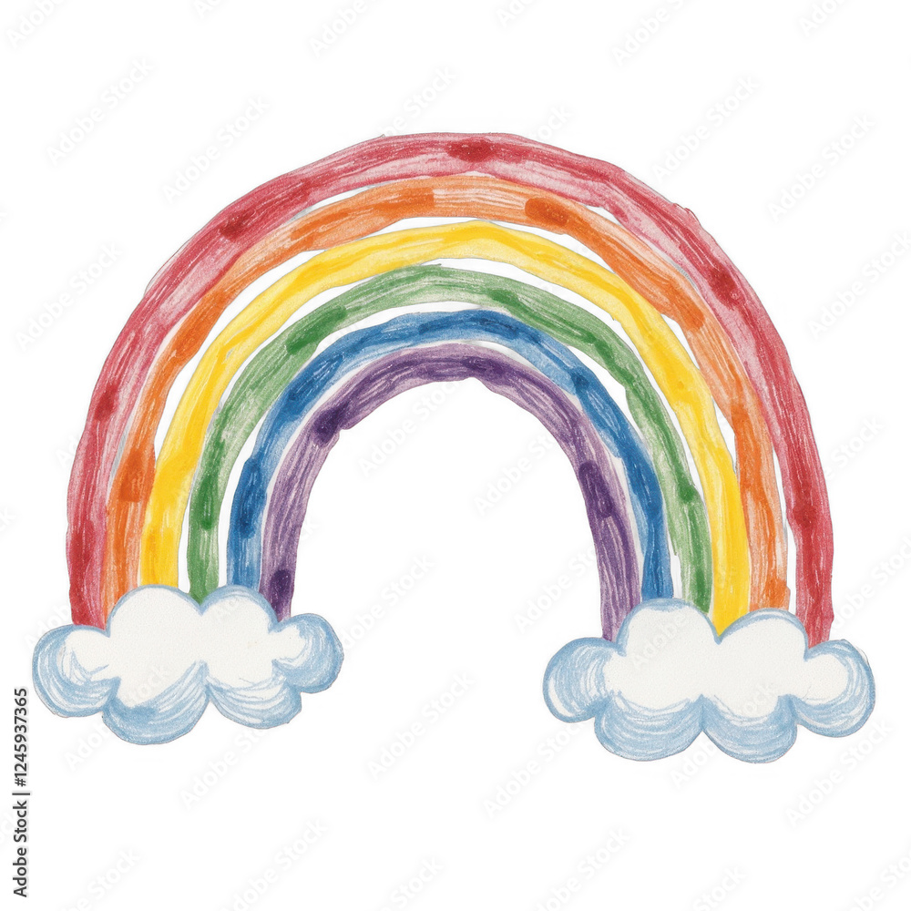 Obraz premium Colorful rainbow illustration, vibrant arcs in bright hues with fluffy clouds, symbolizing hope and joy, perfect for children’s themes. Isolated on white background or PNG
