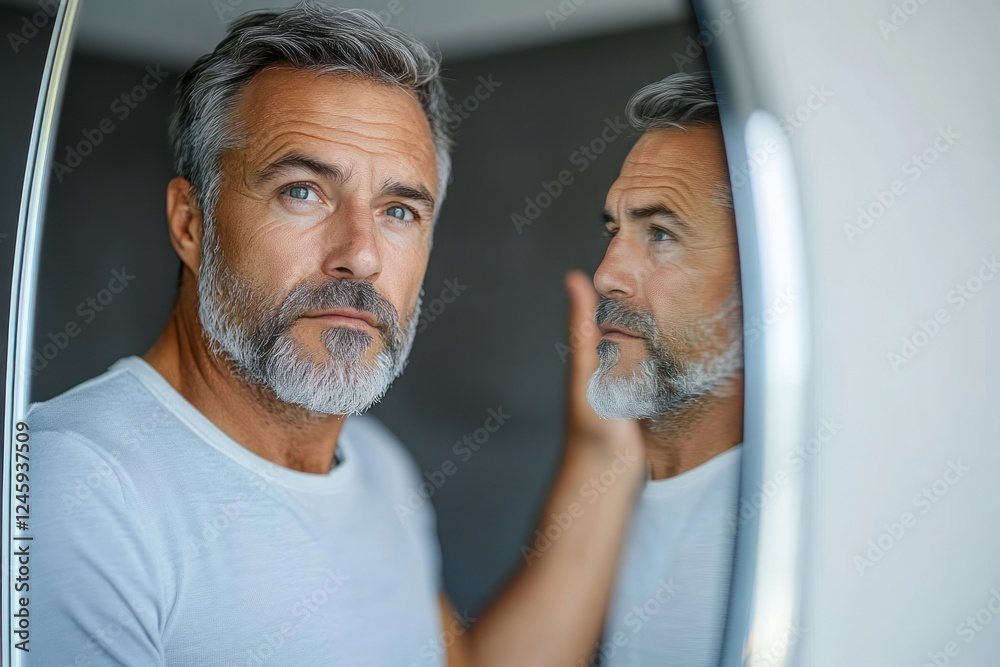 Obraz premium Mature man with beard reflecting in elegant mirror enjoying serene bathroom moment