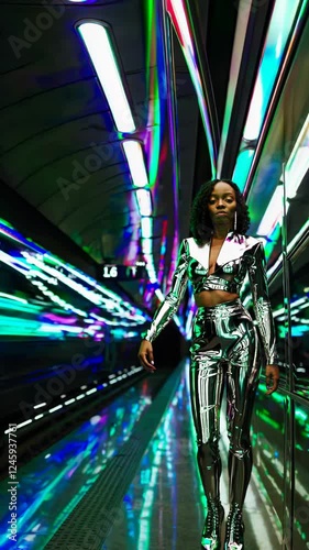 A futuristic subway tunnel with neon lights streaking around her.