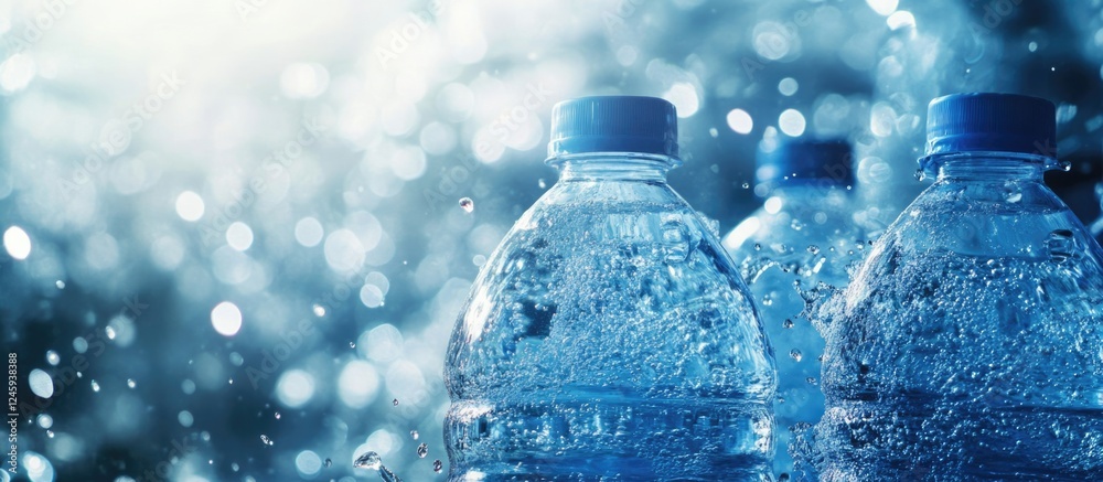 Bottled Water Production Facility with Clean Machinery and Pressurized Water Bubbles Ideal for Advertising and Marketing Text Space