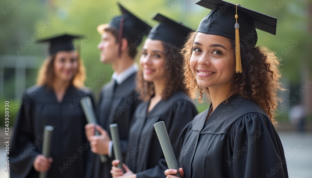A joyful group of diverse graduates stands together, proudly holding their diplomas in caps and gowns. The image captures the essence of achievement and camaraderie, highlighting the excitement and A joyful group of diverse graduates stands together, proudly holding their diplomas in caps and gowns. The image captures the essence of achievement and camaraderie, highlighting the excitement and