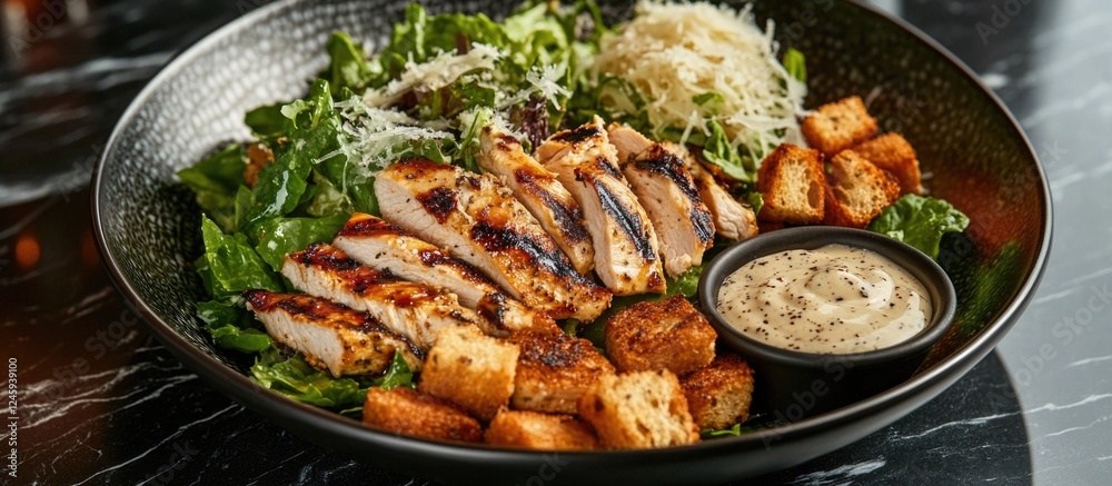 Grilled chicken Caesar salad served in a black bowl with croutons and dressing on a marble countertop background Grilled chicken Caesar salad served in a black bowl with croutons and dressing on a marble countertop background