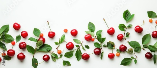 Fresh cherries with green leaves arranged on a white background showcasing vibrant colors and natural beauty of summer fruits.