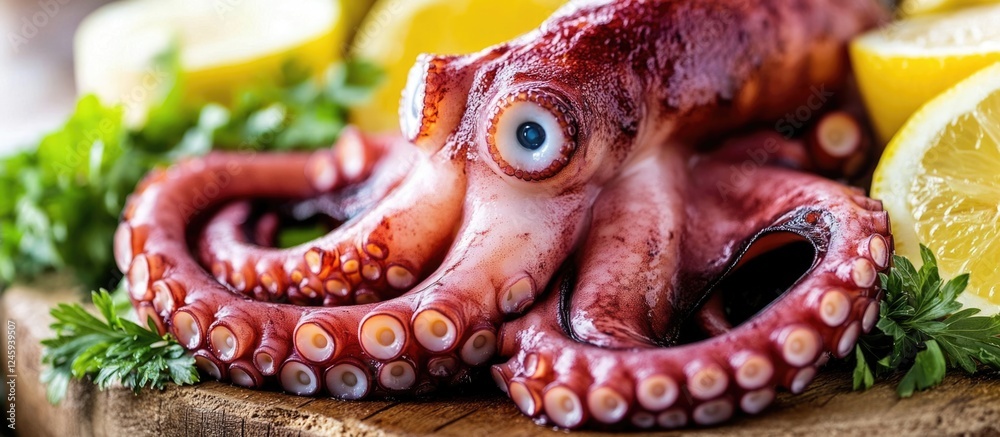 Naklejka premium Freshly cooked octopus garnished with lemon slices on a wooden surface, showcasing vibrant colors and textures for culinary presentations.