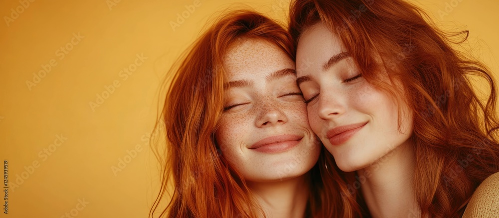 Closeup of Two Smiling Young Women with Red Hair Against a Bright Orange Background Representing Friendship and Joy with Space for Text Closeup of Two Smiling Young Women with Red Hair Against a Bright Orange Background Representing Friendship and Joy with Space for Text