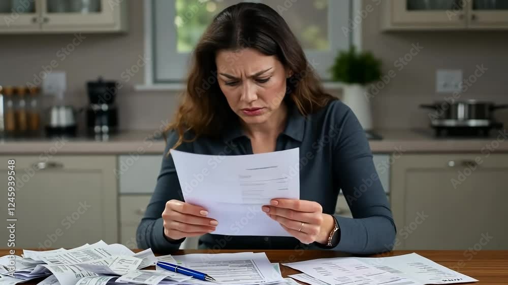 A woman sitting at a kitchen table, deeply focused and visibly stressed while reviewing a pile of bills and documents