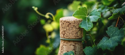 Cork bottle top surrounded by green ivy leaves in a natural setting showcasing eco-friendly themes and organic lifestyle concepts. photo