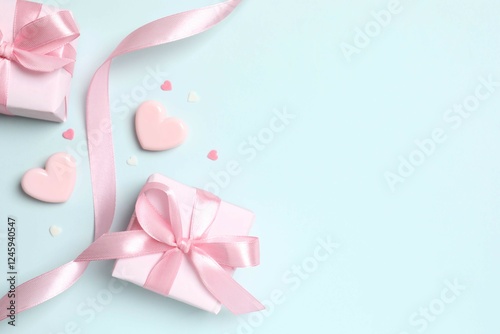 Beautiful composition with gift boxes and pink hearts on color background