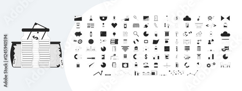 Business and finance cartoon outline illustrations mega bundle. Money management process 2D linear images isolated. Corporate assets analytics methods collection black and white vector drawings