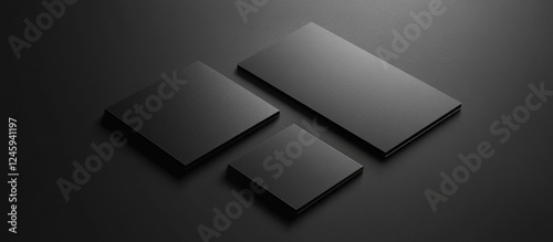 Black background mockup with A6 card and business cards showcasing deep shadows for customizable branding designs. photo