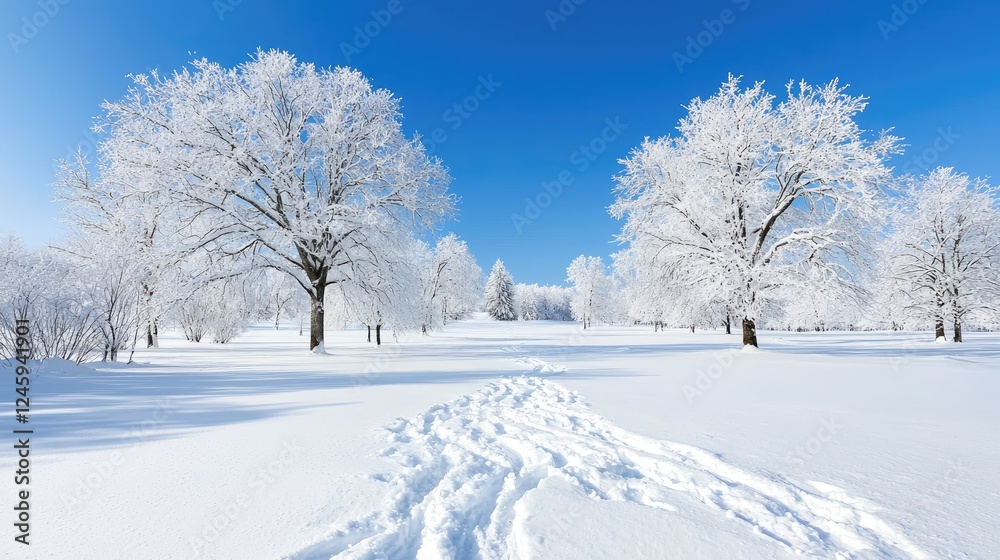 Snow-covered trees, winter park path, sunny day, nature scene Snow-covered trees, winter park path, sunny day, nature scene