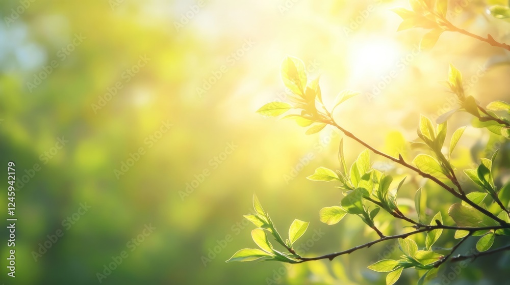 Sunlit maple tree branches in close-up with soft bokeh background and ample copy space for text or graphic overlay. Sunlit maple tree branches in close-up with soft bokeh background and ample copy space for text or graphic overlay.