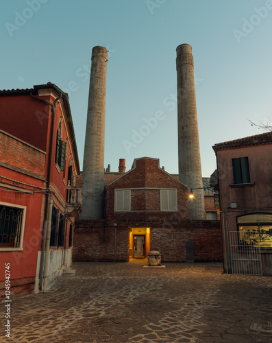 Industrial chimneys and rustic architecture in Murano’s glassmaking district