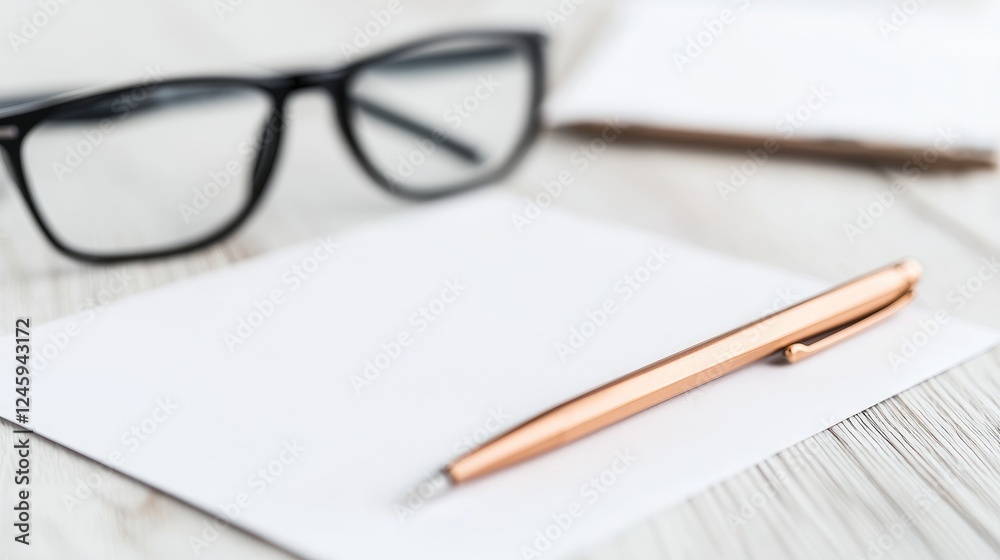 Fototapeta premium Blank note, pen, glasses, desk, office work