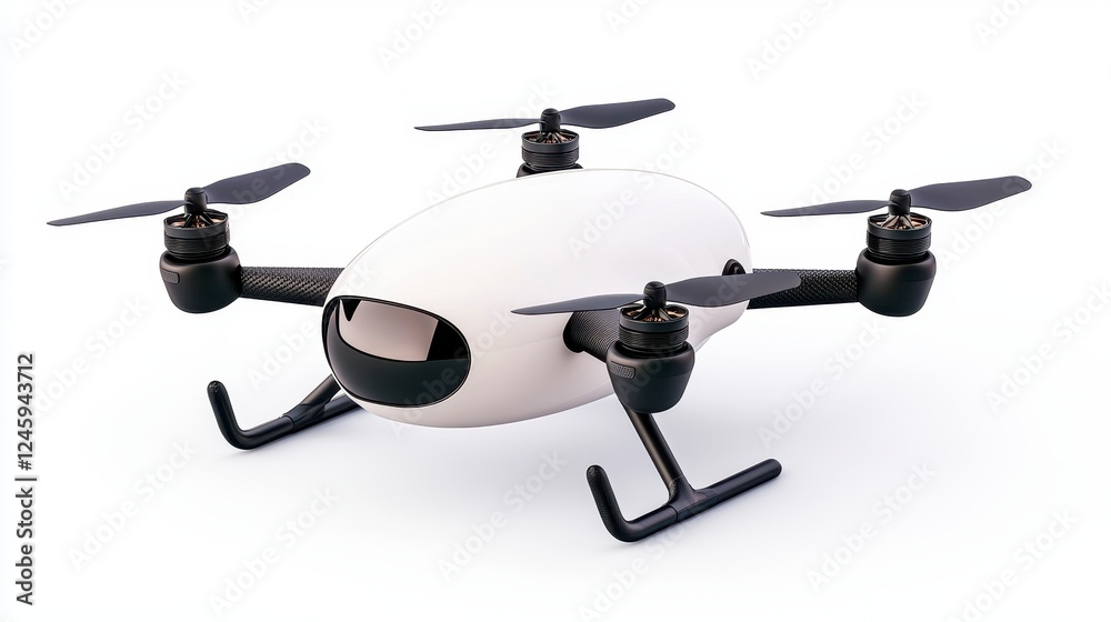 Modern drone with sleek oval design and four black propellers ideal for aerial photography and exploration in urban landscapes Modern drone with sleek oval design and four black propellers ideal for aerial photography and exploration in urban landscapes