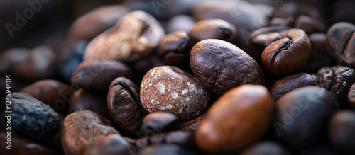 Close up of assorted coffee beans showcasing rich textures and colors ideal for coffee related themes and backgrounds. photo