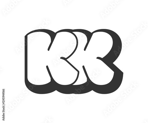 KK logo, bubble comic lettering, rounded in graffiti style black and white silhouette. Trendy preschool K and K letter text for festival party, personal initials, children funky print and web.