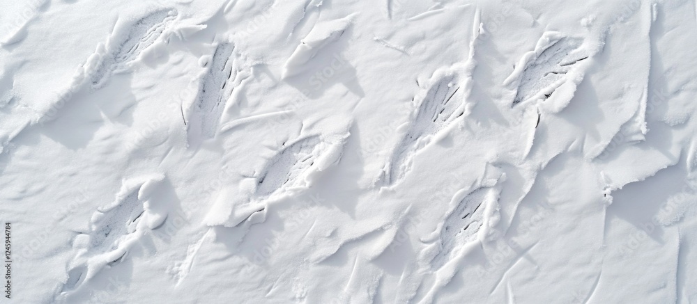 Fototapeta premium Chicken footprints in fresh snow creating intriguing patterns on a winter landscape.