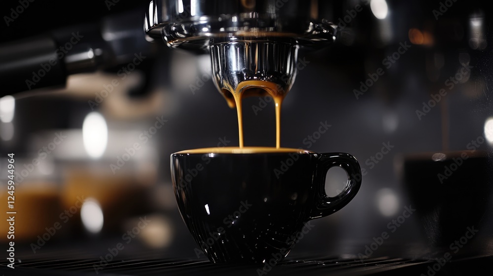 Steaming espresso pouring into a black cup with a blurred background and ample copy space for text or branding.