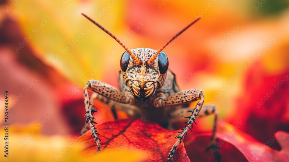 Fototapeta premium Insect camouflage in vibrant autumn leaves showcasing nature's disguise with space for text, emphasizing the beauty of seasonal change.