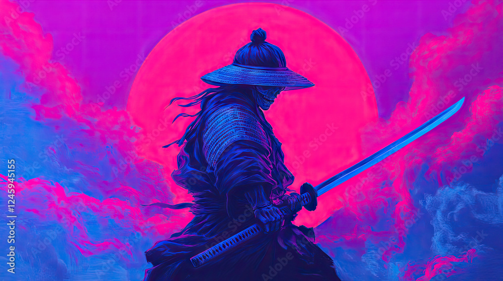 Fototapeta premium Neon Samurai Warrior with Sword Against a Vivid Sunset