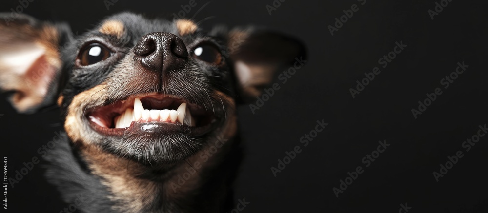 Happy brown Chihuahua showcasing a bright smile and clean teeth against a dark background with ample empty space for text or branding. Happy brown Chihuahua showcasing a bright smile and clean teeth against a dark background with ample empty space for text or branding.