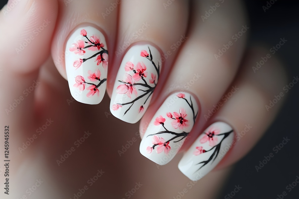 Cute Japanese-Style Cherry Blossom Nail Design with Pink Flowers on White Nails Cute Japanese-Style Cherry Blossom Nail Design with Pink Flowers on White Nails