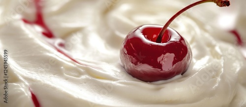 Cherry on creamy yogurt close-up showcasing smooth white texture and vibrant red fruit, ideal for culinary or dairy-themed imagery.