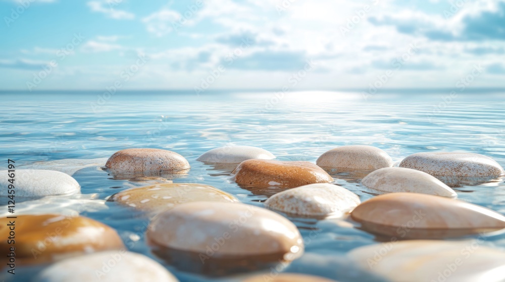 Close up of wet sea pebbles in shallow water with serene horizon blending sea and sky ideal for tranquil backgrounds or copy space. Close up of wet sea pebbles in shallow water with serene horizon blending sea and sky ideal for tranquil backgrounds or copy space.