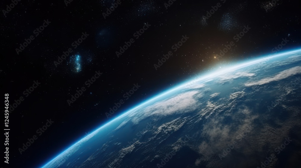 Fototapeta premium Realistic View of Earth from Space at Night with Vibrant Oceans and City Lights Under a Cosmic Background
