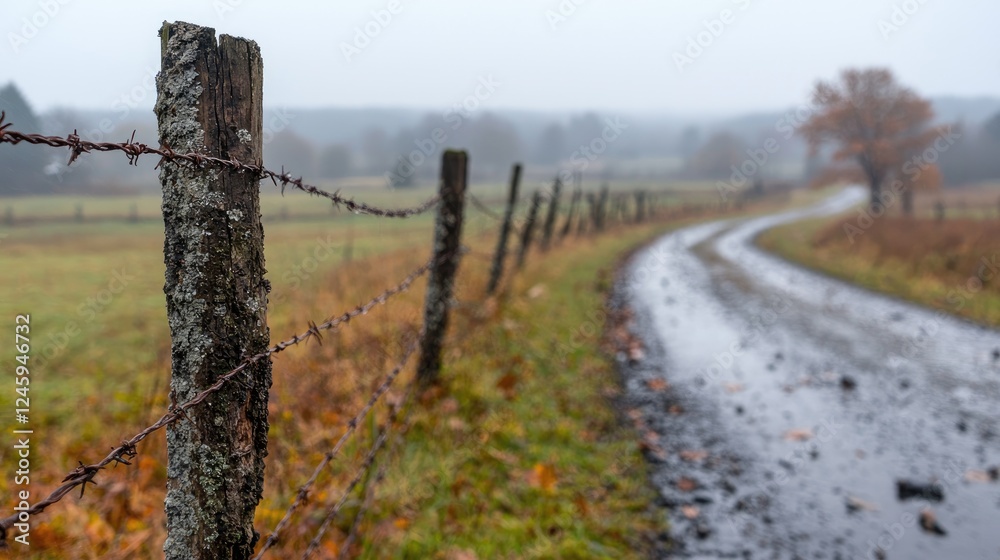 Fototapeta premium Rainy day, rural road, barbed wire fence, autumn leaves, misty background, scenic view