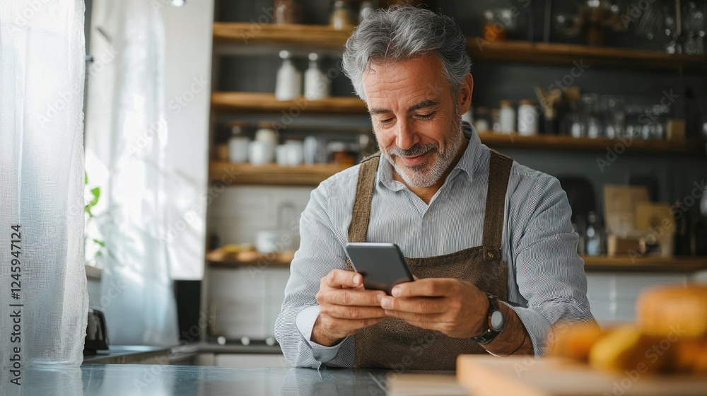 Fototapeta premium Middle-aged man using smartphone in cozy kitchen during leisure time