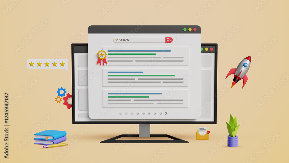SEO ranking position, top ranking, web search page concept. Search engine optimization, Optimize your website to rank in top position on a computer. 3D illustration SEO ranking position, top ranking, web search page concept. Search engine optimization, Optimize your website to rank in top position on a computer. 3D illustration