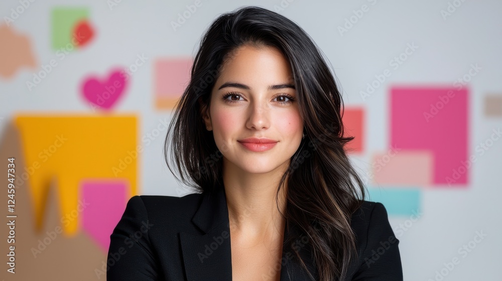 Portrait of a Confident Young Businesswoman with Dark Hair in a Black Blazer Against a Colorful Background Portrait of a Confident Young Businesswoman with Dark Hair in a Black Blazer Against a Colorful Background
