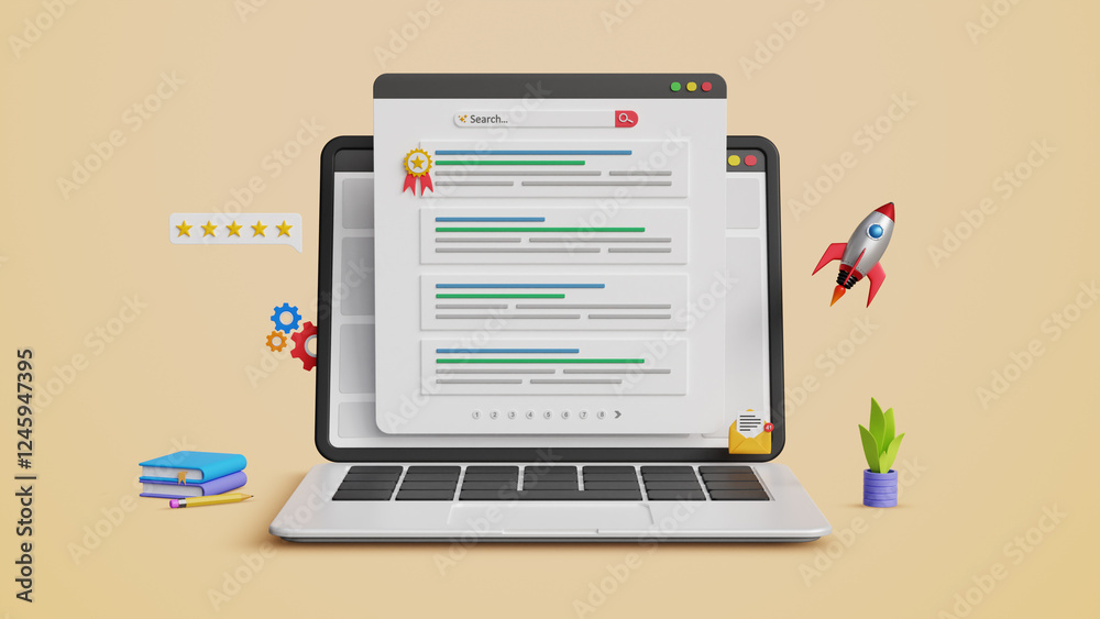SEO ranking position, top ranking, web search page concept. Search engine optimization, Optimize your website to rank in top position on a laptop. 3D illustration SEO ranking position, top ranking, web search page concept. Search engine optimization, Optimize your website to rank in top position on a laptop. 3D illustration
