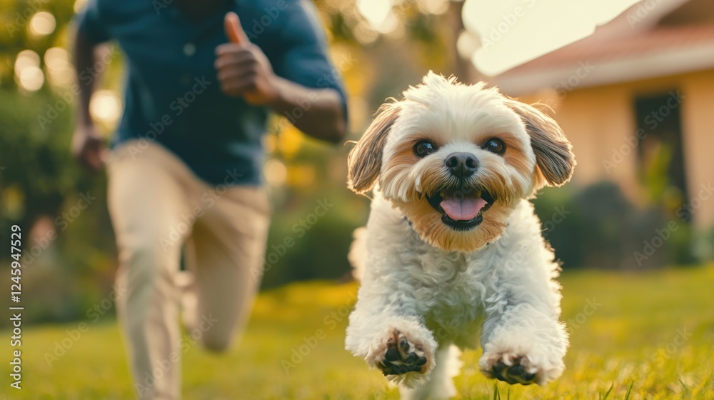 Happy Man Running with Playful Shih Tzu Dog in Backyard Outdoor Friendship Moment with Green Grass and Copy Space for Text Happy Man Running with Playful Shih Tzu Dog in Backyard Outdoor Friendship Moment with Green Grass and Copy Space for Text