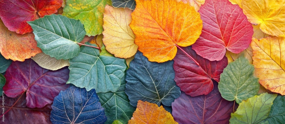 Vibrant close-up of assorted autumn leaves showcasing a rich palette of colors and textures in a natural seasonal arrangement Vibrant close-up of assorted autumn leaves showcasing a rich palette of colors and textures in a natural seasonal arrangement