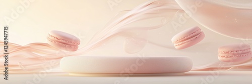 Floating wavy podium displays soft translucent elements and delicate pink macaroons