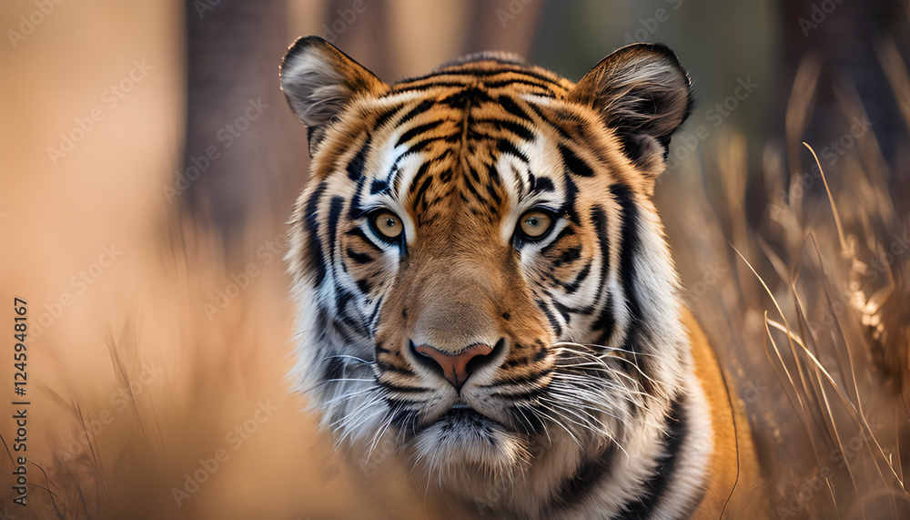 Majestic Tiger Staring Intently in Natural Habitat Setting
