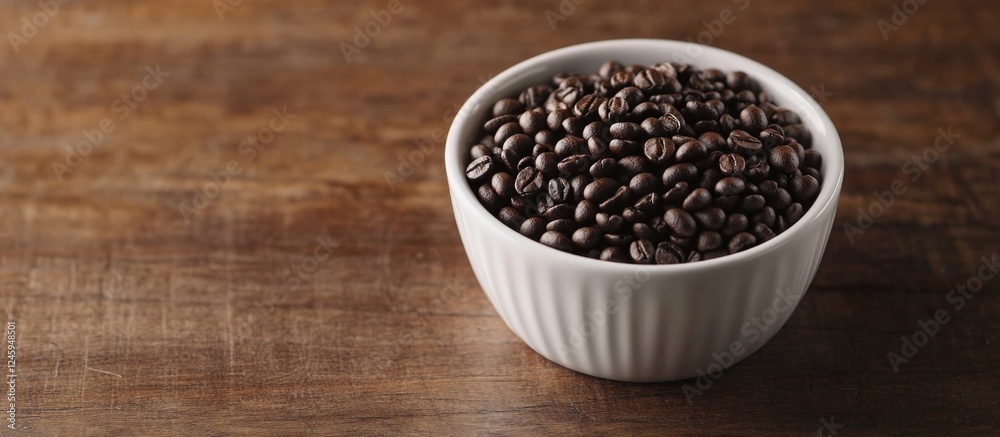 Close up of roasted coffee beans in a white ceramic bowl on a rustic wooden table with plenty of space for text or branding. Close up of roasted coffee beans in a white ceramic bowl on a rustic wooden table with plenty of space for text or branding.
